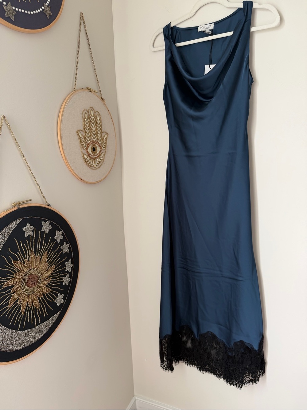 Blue Cowl Neck black lace trim Midi slip Dress